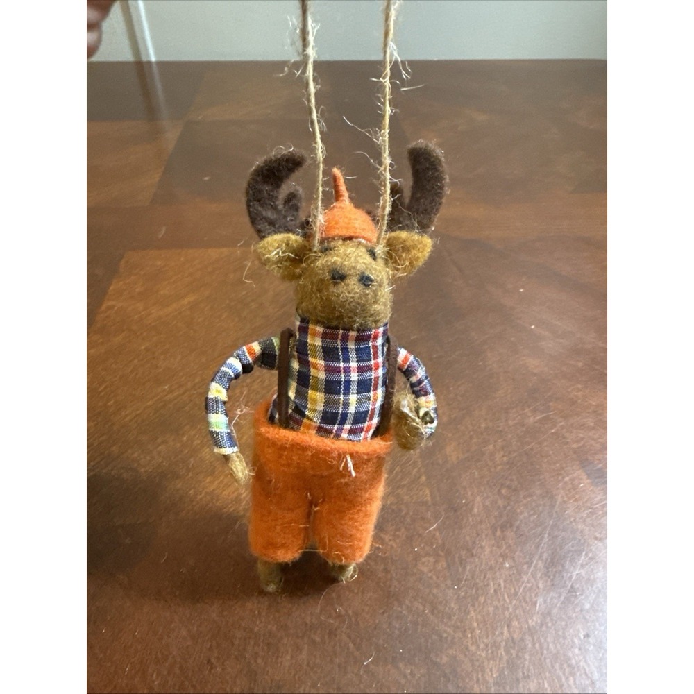 Felted Wool Moose Ornament Plaid Shirt Orange‎ Pants Rustic Cabin Christmas